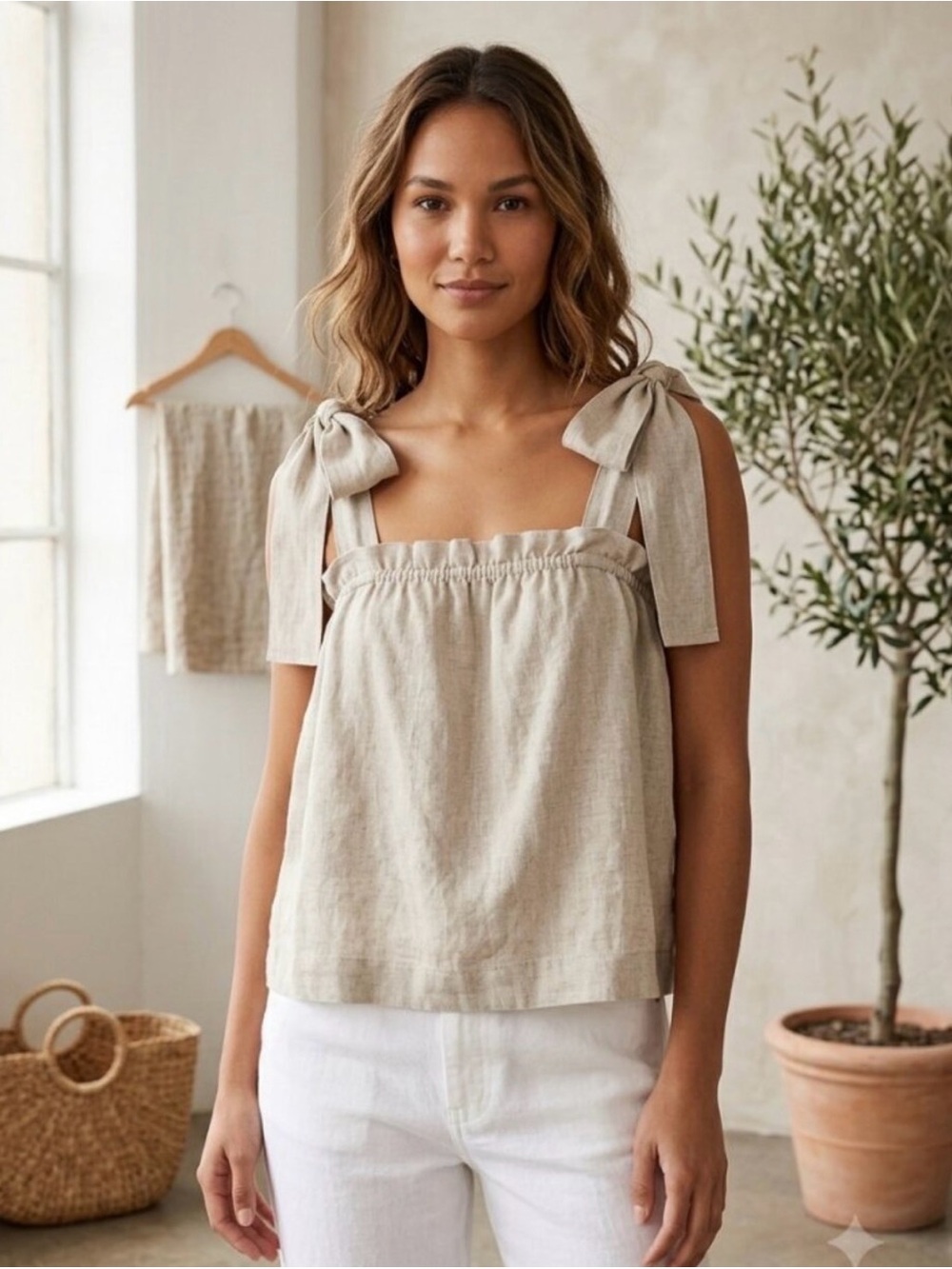 Jcrew NWT Linen Tie-Shoulder Tank Top in Natural linen size medium